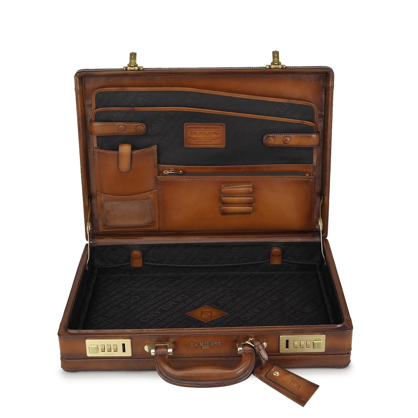 Mat Emboss Leather Briefcase - Cognac