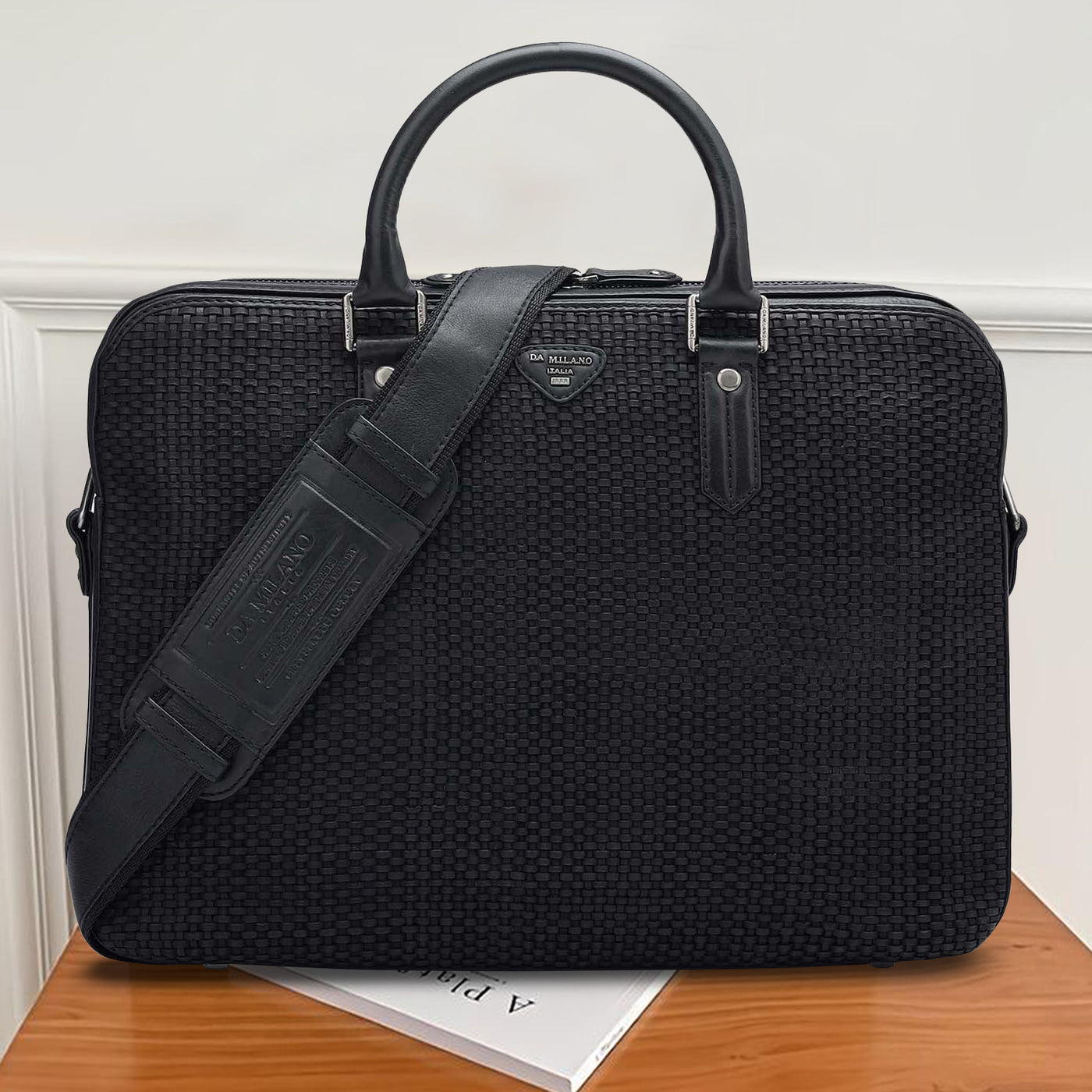 Mat Plain Leather Laptop Bag - Black