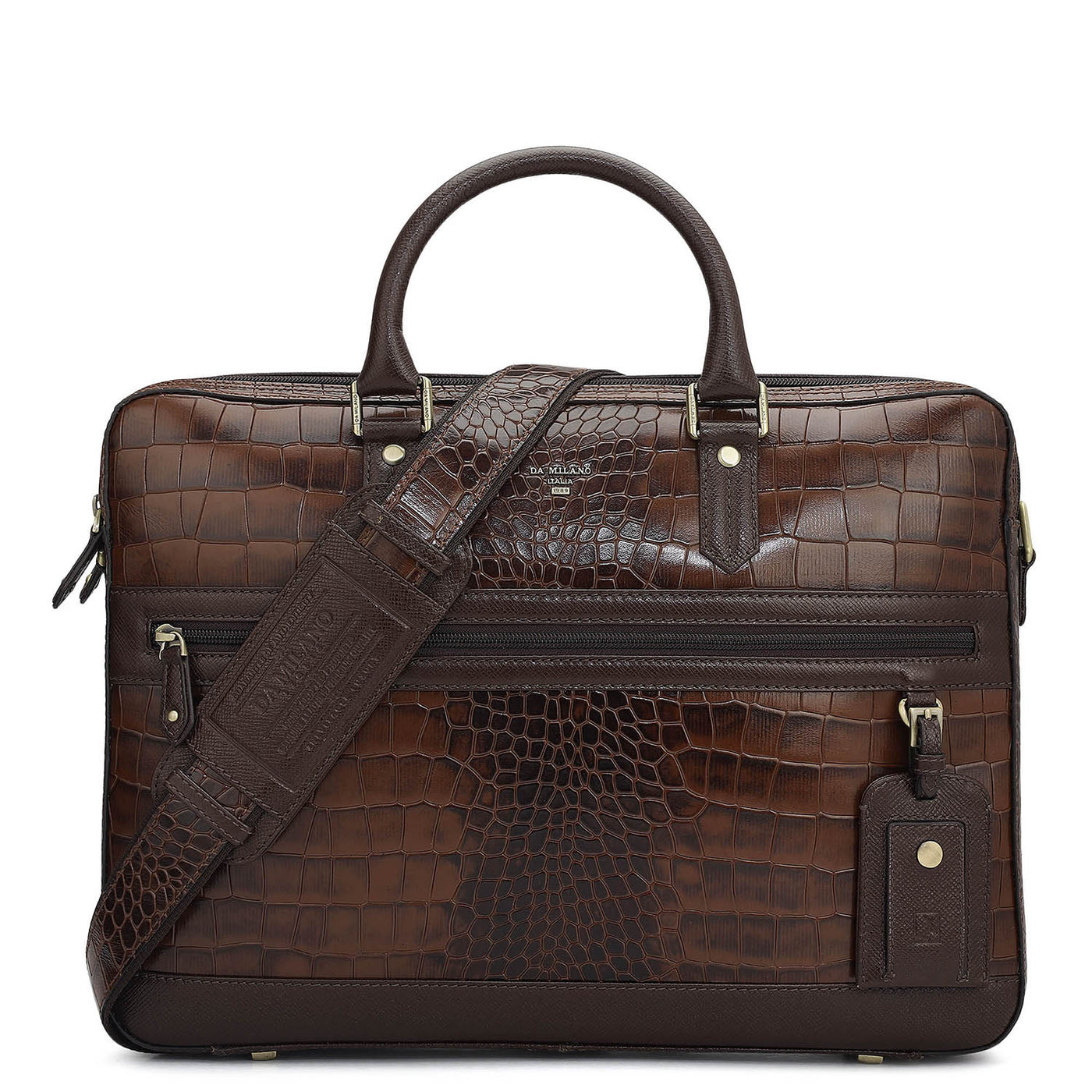 Croco Leather Laptop Bag - Brown