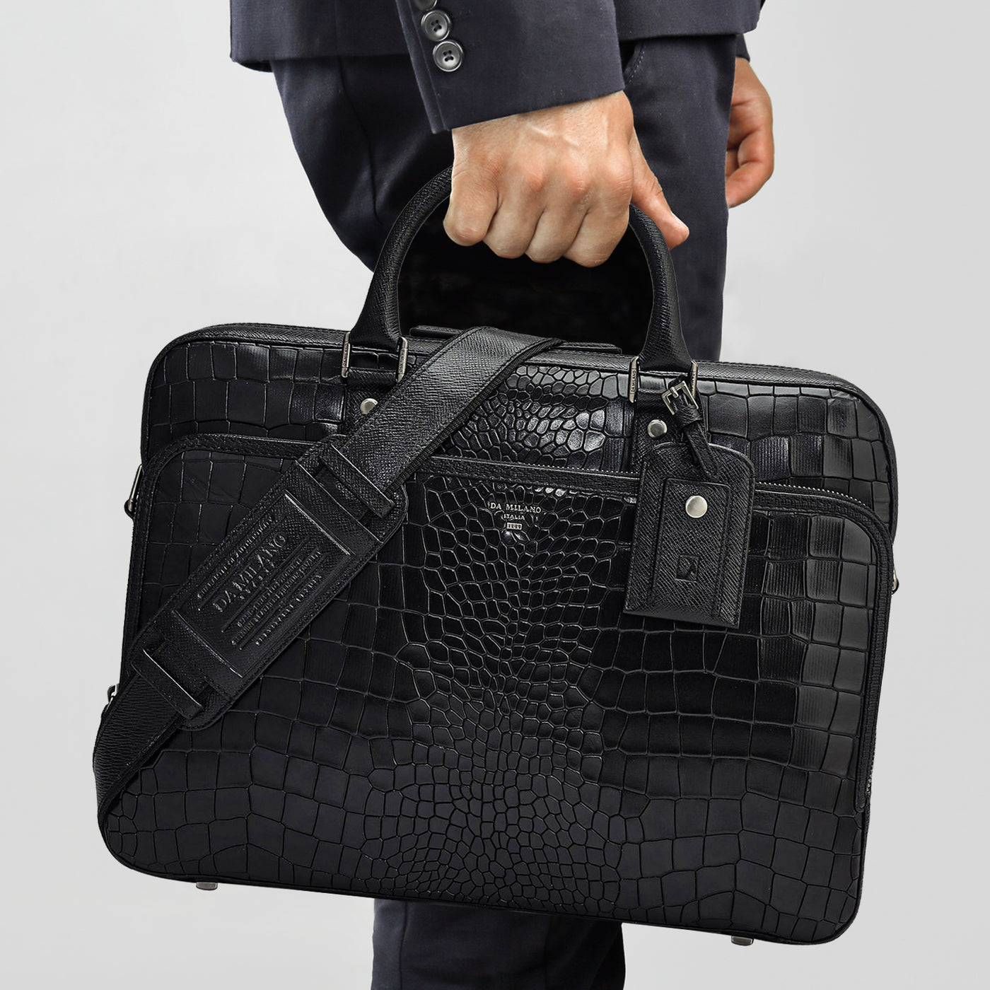 Croco Leather Laptop Bag - Black