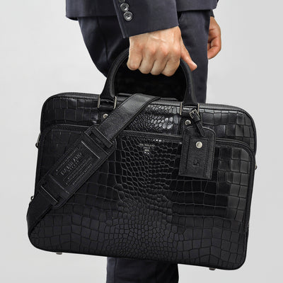 Croco Leather Laptop Bag - Black