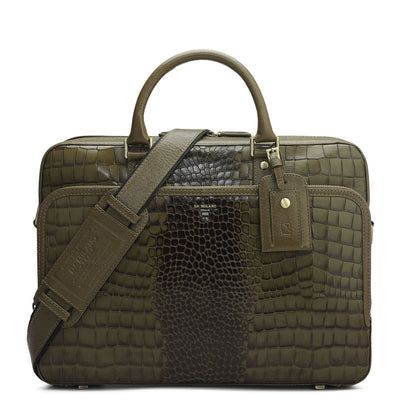 Croco Leather Laptop Bag - Military Green