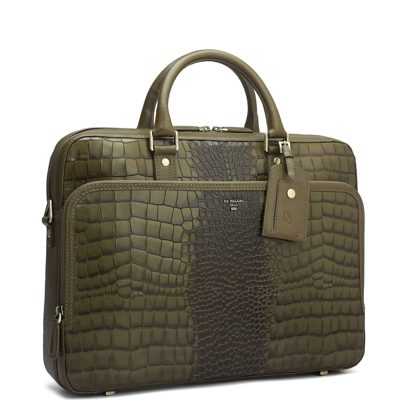 Croco Leather Laptop Bag - Military Green