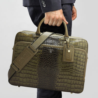 Croco Leather Laptop Bag - Military Green