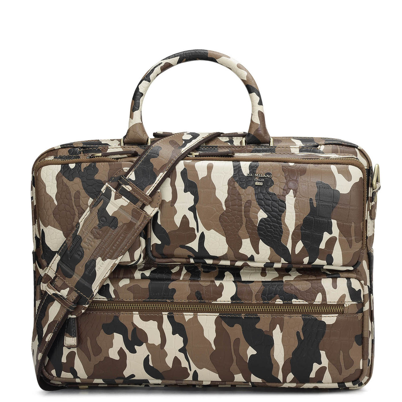 Camouflage Leather Laptop Bag - Cognac & Black