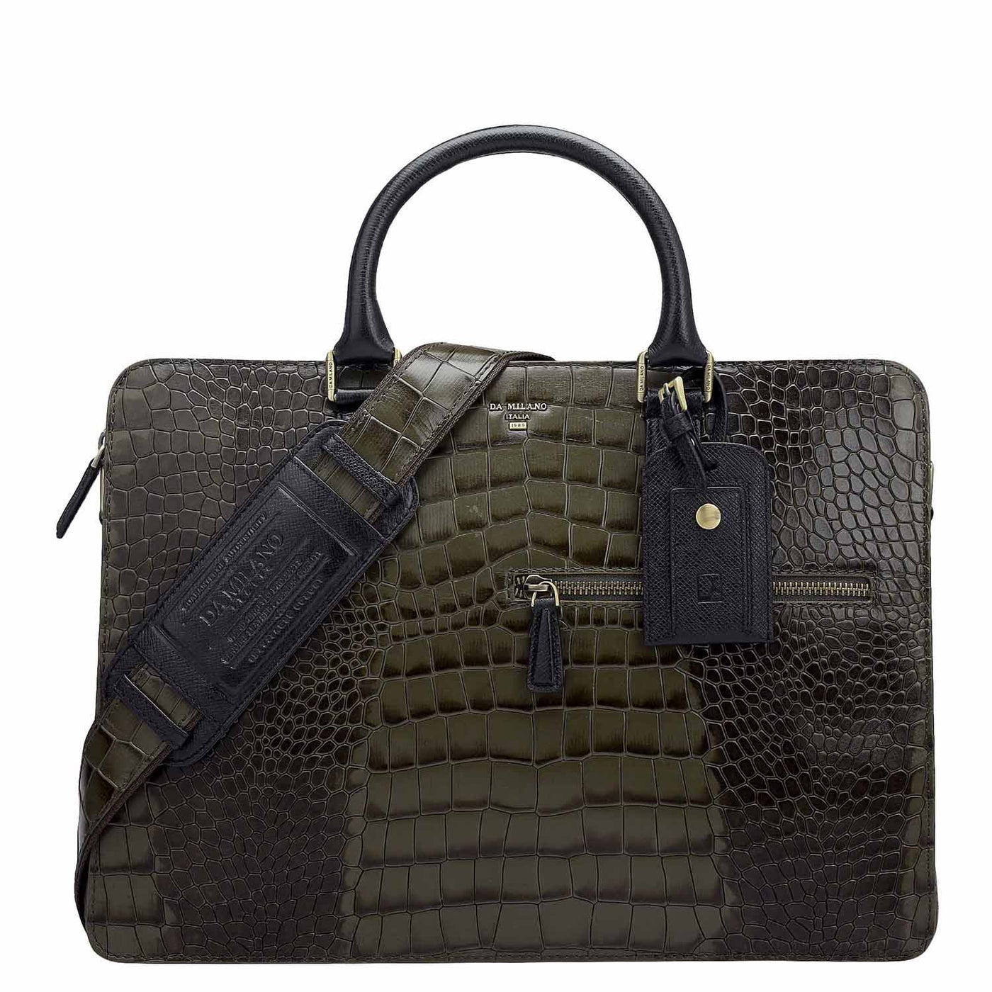 Croco Leather Laptop Bag - Military Green