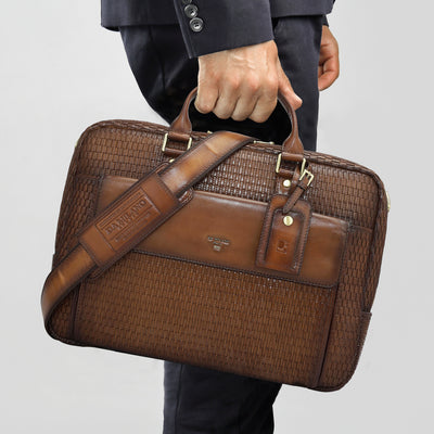 Mat Leather Laptop Bag - Cognac