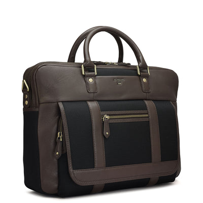 Canvas Wax Leather Laptop Bag - Black & Chocolate