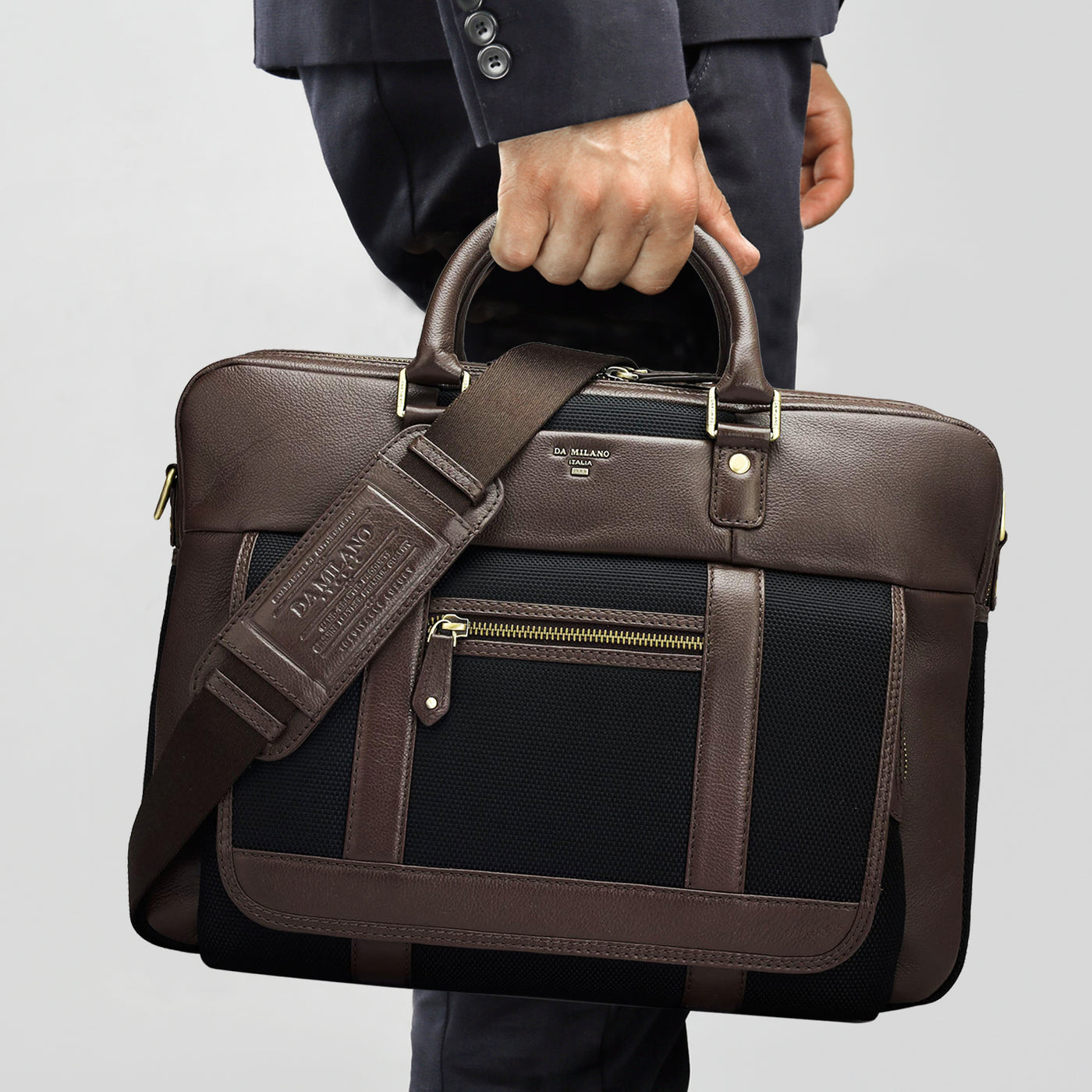 Canvas Wax Leather Laptop Bag - Black & Chocolate