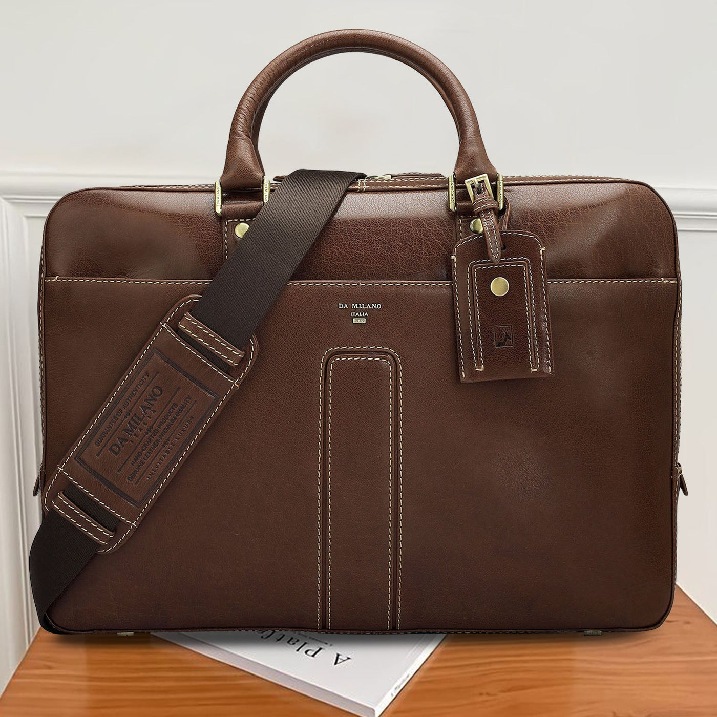 Elephant Pattern Leather Laptop Bag - Brown