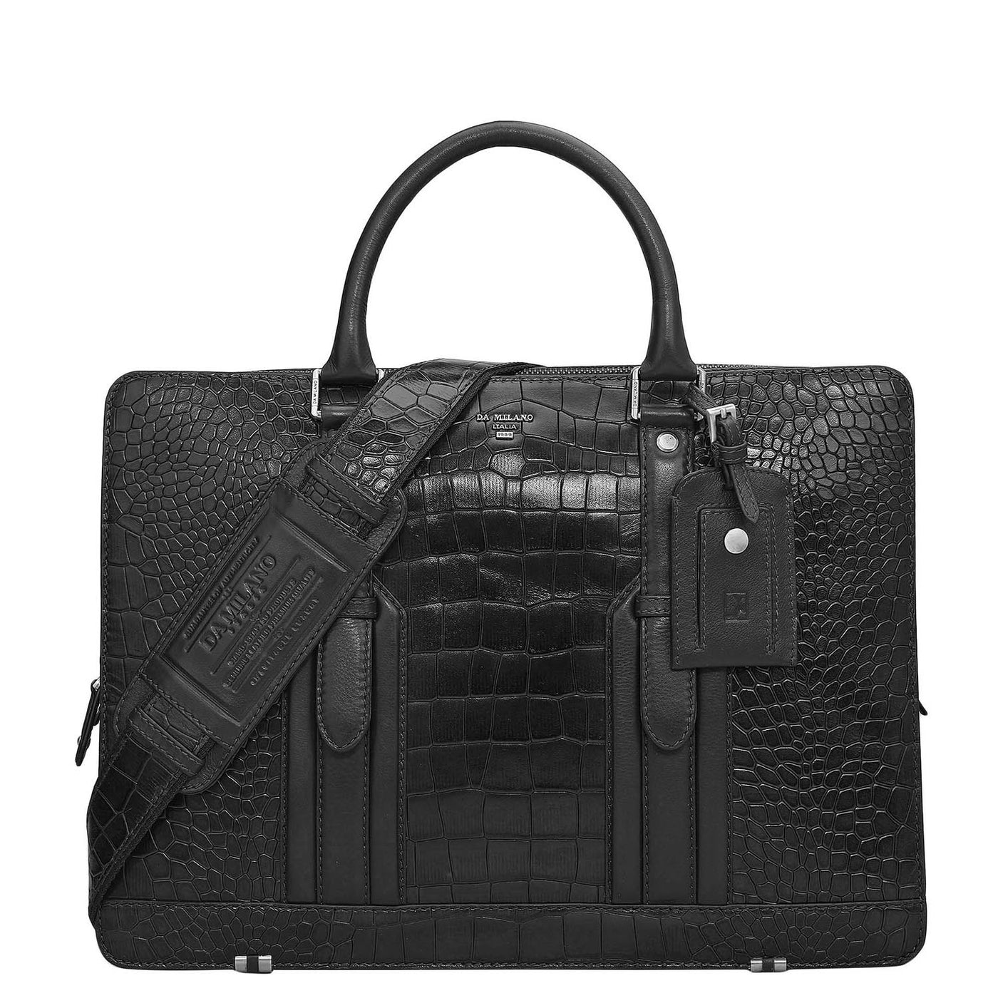 Croco Leather Laptop Bag - Black