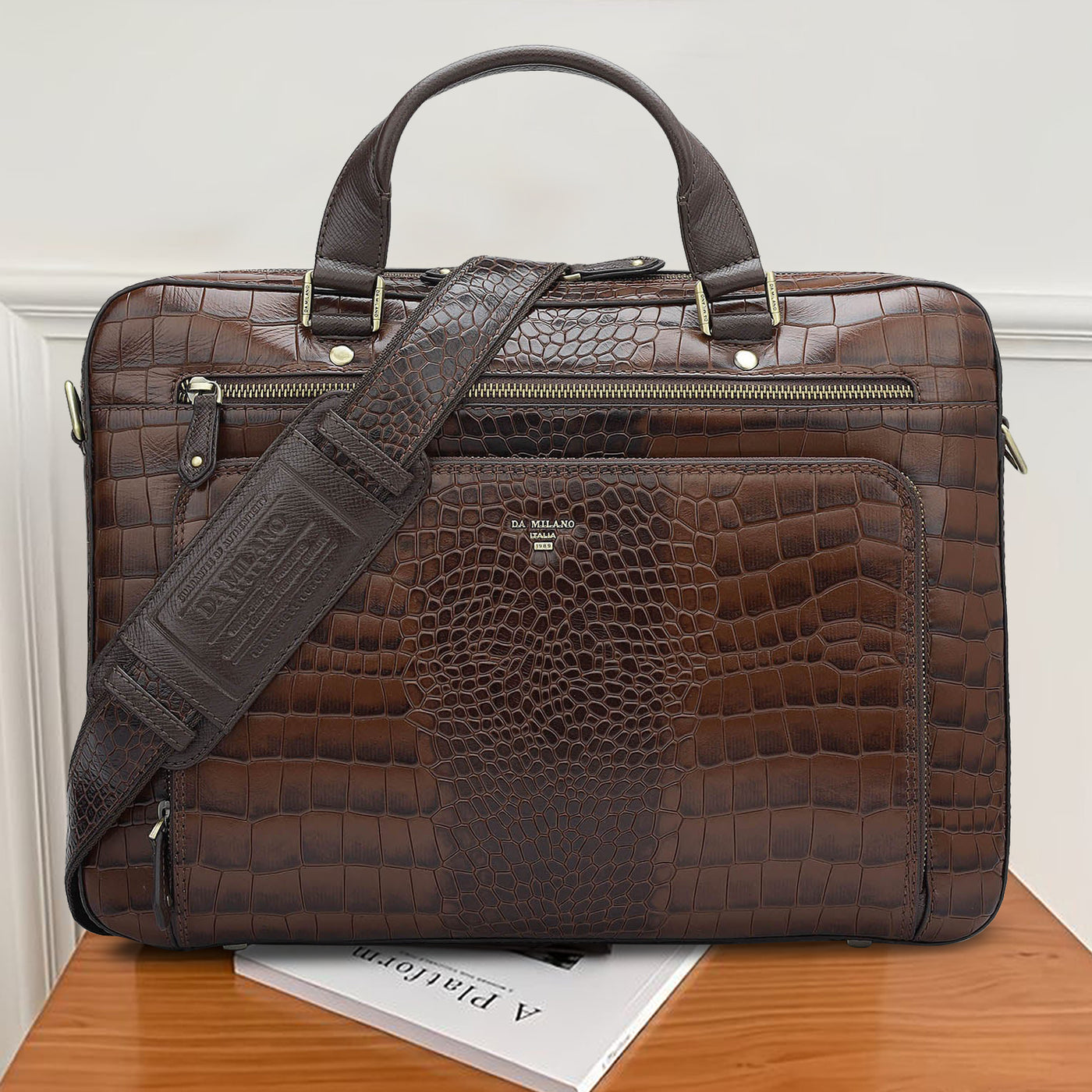 Croco Leather Laptop Bag - Brown