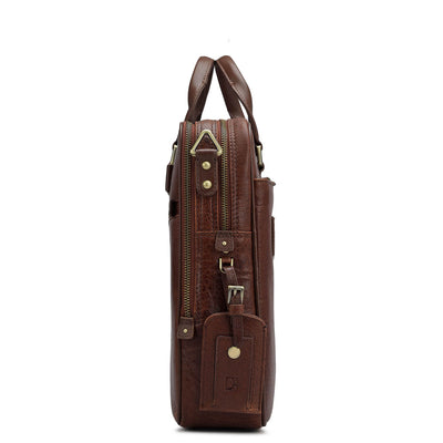 Elephant Pattern Leather Laptop Bag - Cognac