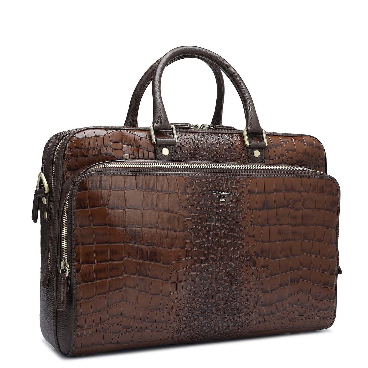 Croco Leather Laptop Bag - Brown