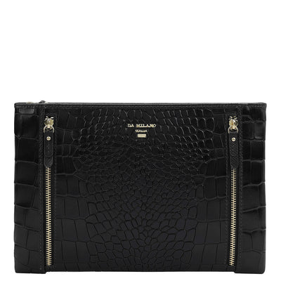 Small Croco Leather Clutch - Black