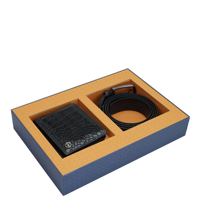 Black Croco Leather Mens Wallet & Belt Gift Set