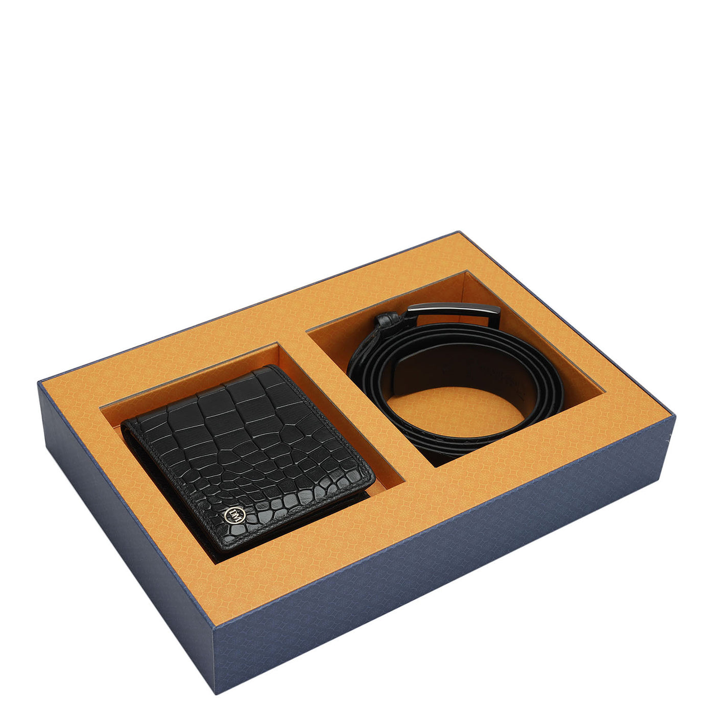 Black Croco Leather Mens Wallet & Belt Gift Set