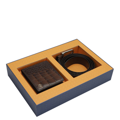 Brown Croco Leather Mens Wallet & Belt Gift Set