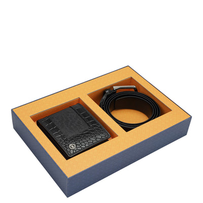 Black Croco Franzy Leather Mens Wallet & Belt Gift Set