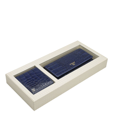 Ink Blue Croco Leather Mens & Ladies Wallet Gift Set