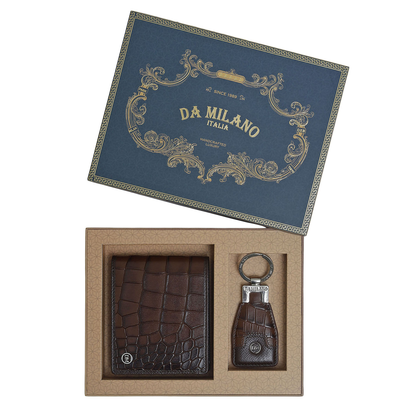 Brown Croco Leather Mens Wallet & Keychain Gift Set