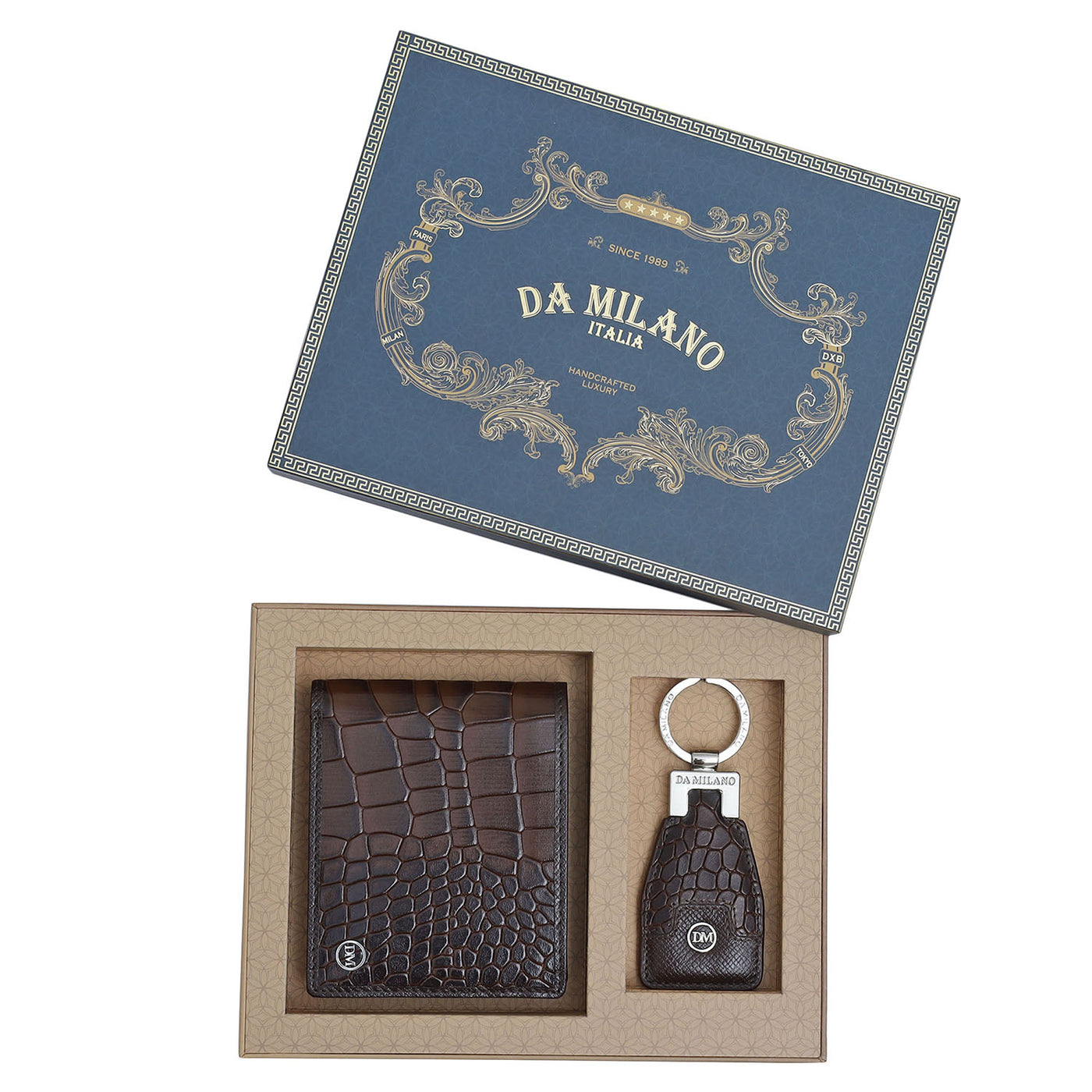 Brown Croco Franzy Mens Wallet & Keychain Leather Gift Set