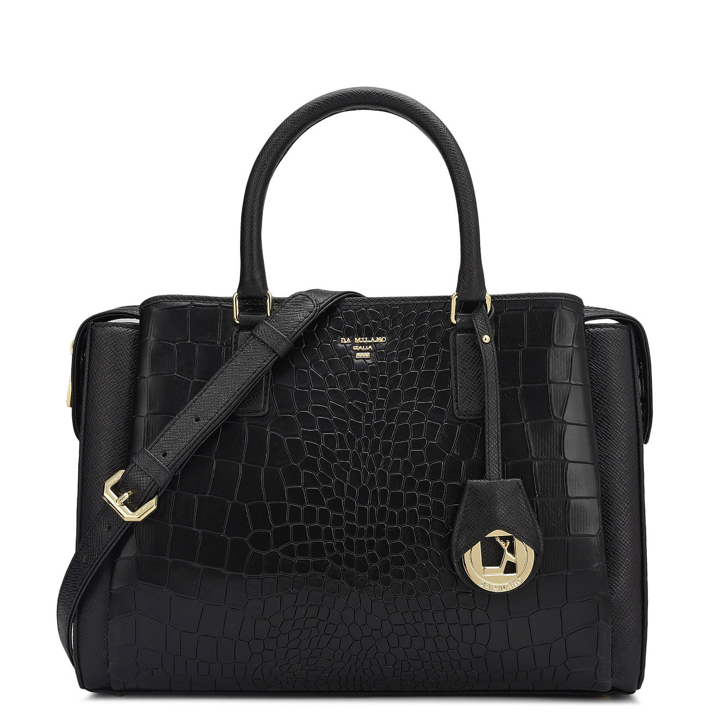 Medium Croco Leather Satchel - Black