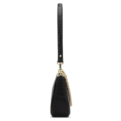 Small Croco Leather Baguette - Black