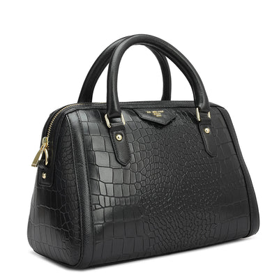 Small Croco Leather Satchel - Black