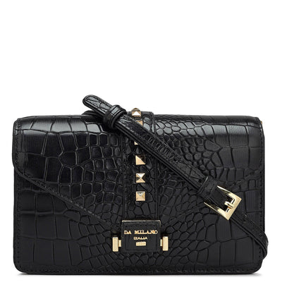 Small Croco Leather Shoulder Bag - Black