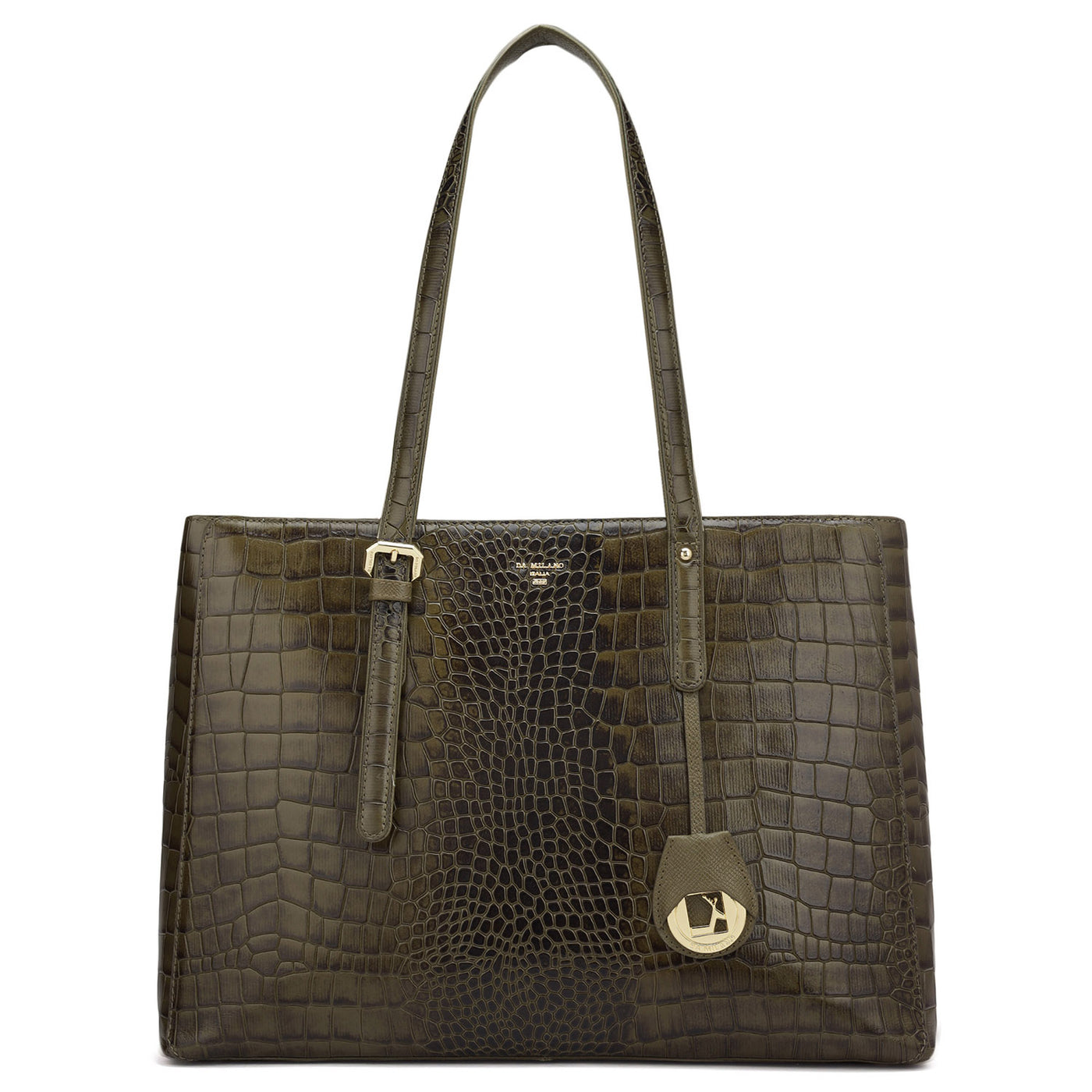 Large Croco Leather Tote - Military Green