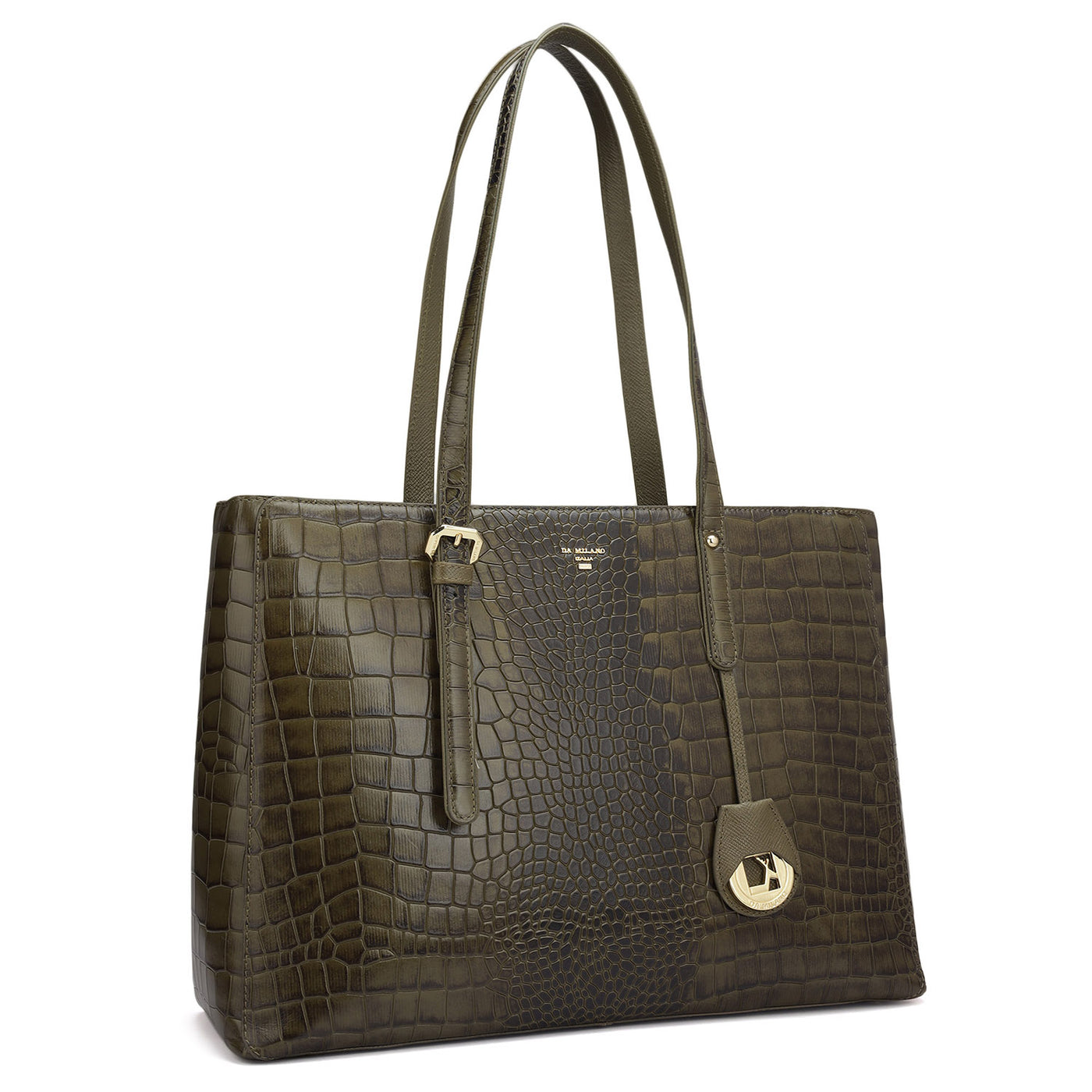 Large Croco Leather Tote - Military Green