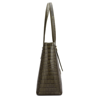 Large Croco Leather Tote - Military Green