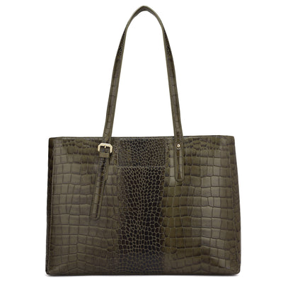 Large Croco Leather Tote - Military Green