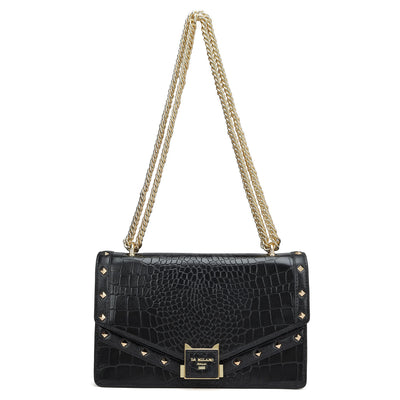 Small Croco Leather Shoulder Bag - Black