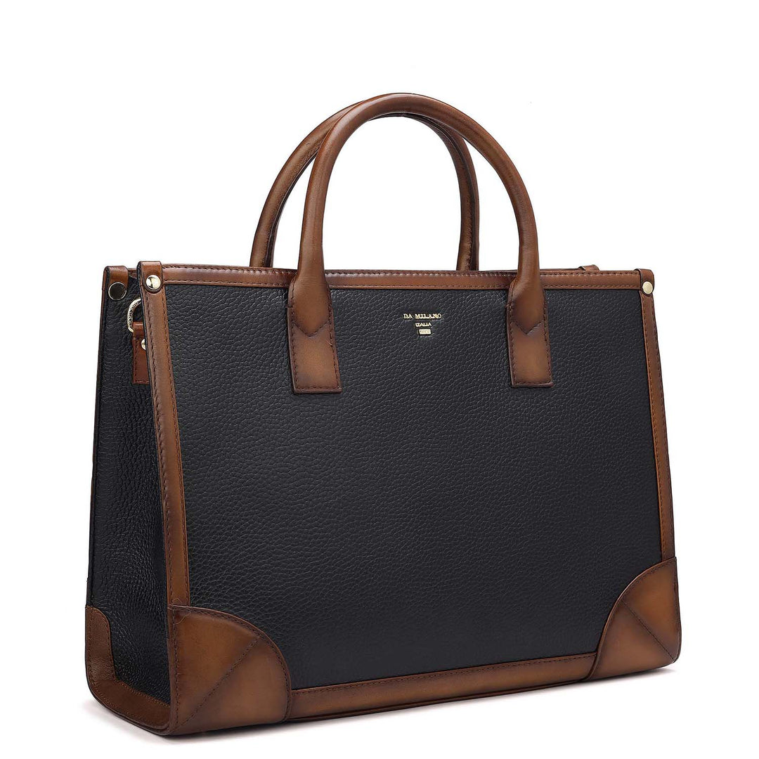 Medium Wax Leather Book Tote Black Da Milano