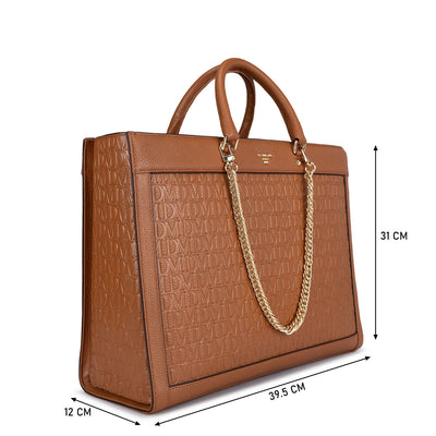 Large Monogram Leather Book Tote - Caramel