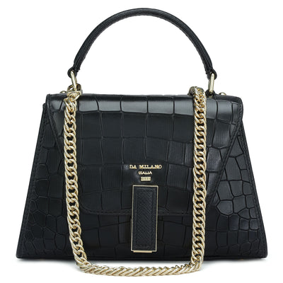 Small Croco Leather Satchel - Black