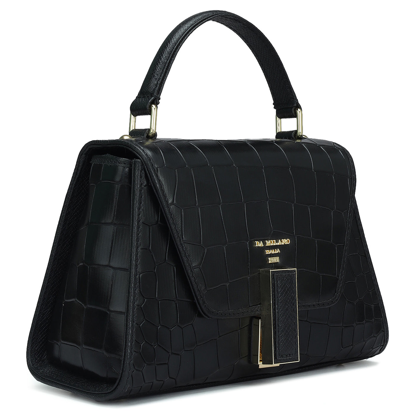 Small Croco Leather Satchel - Black