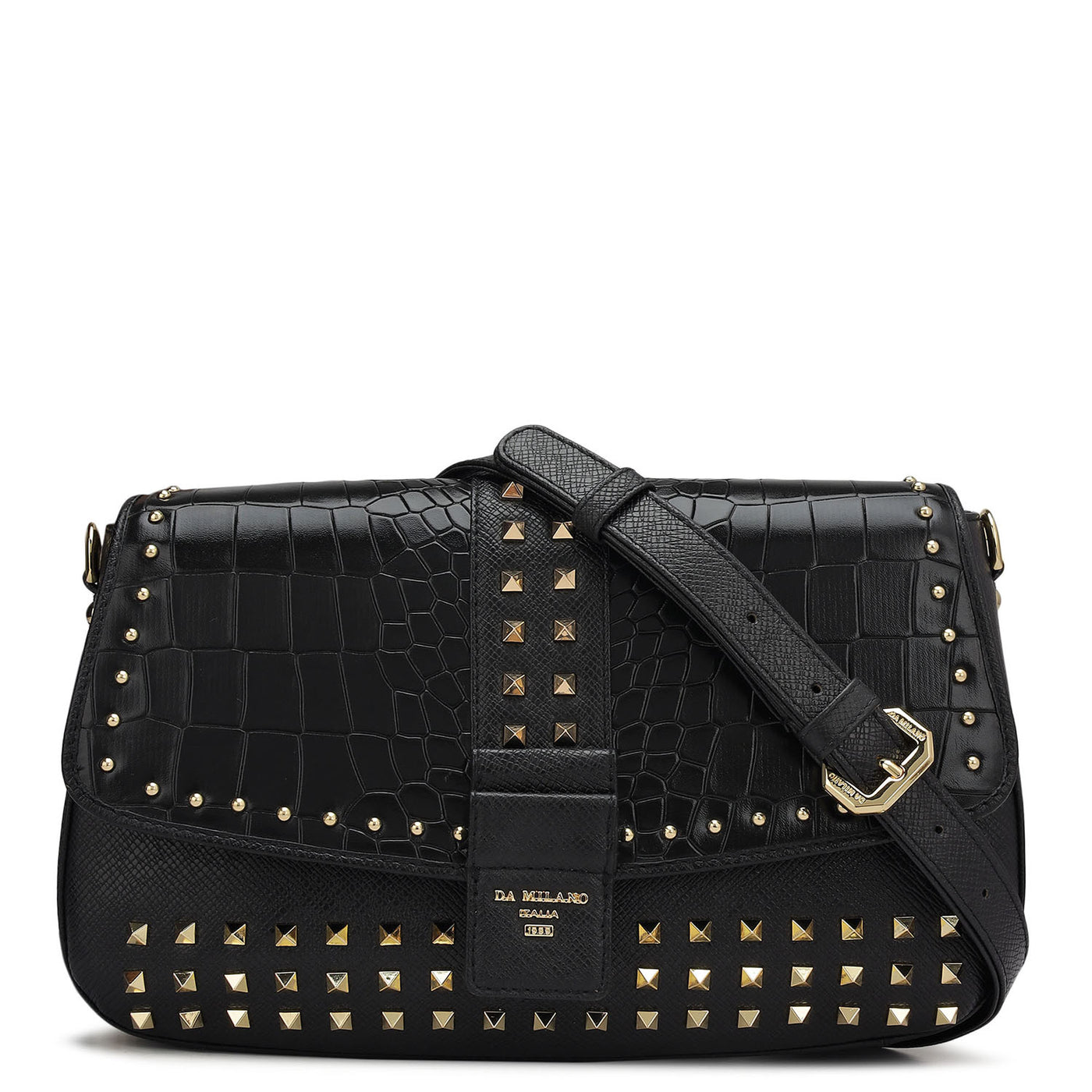 Small Croco Franzy Leather Shoulder Bag - Black