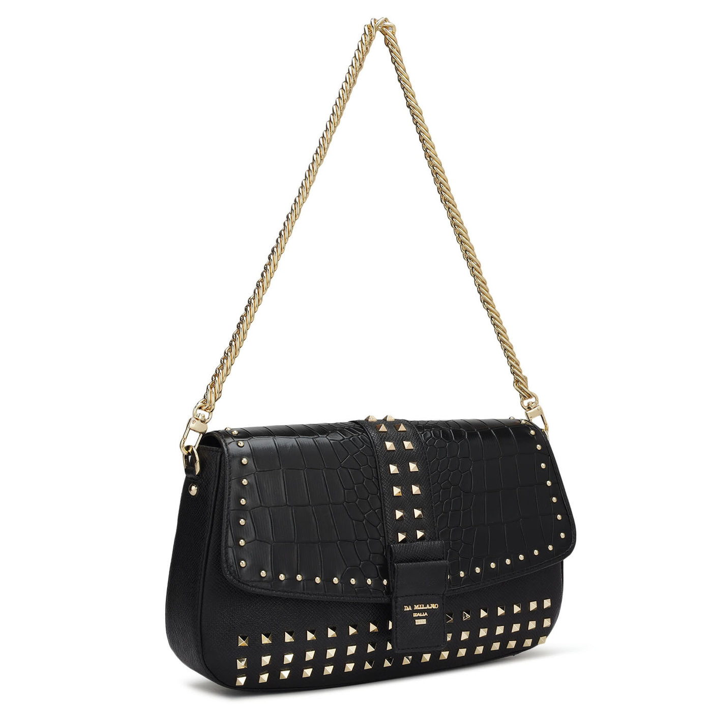 Small Croco Franzy Leather Shoulder Bag - Black