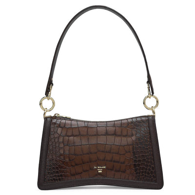 Small Croco Leather Baguette - Brown