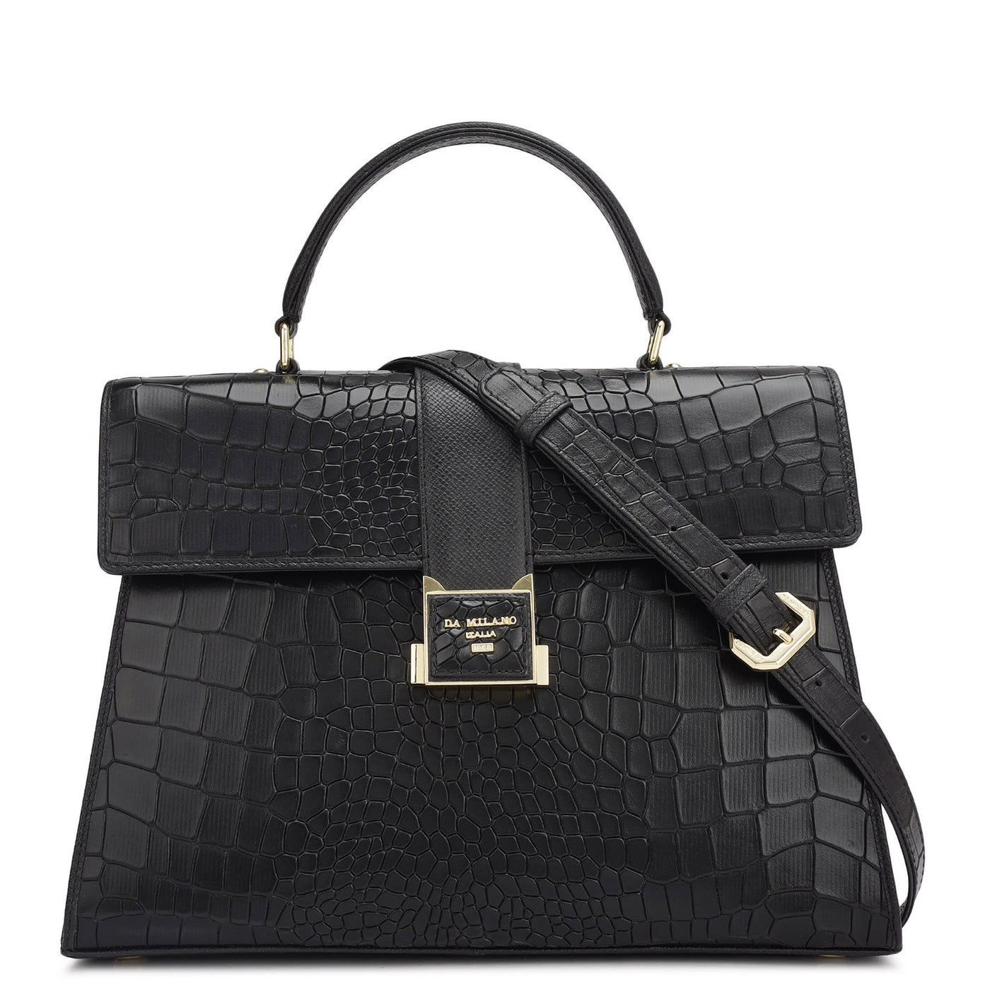 Medium Croco Leather Satchel - Black