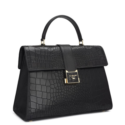 Medium Croco Leather Satchel - Black