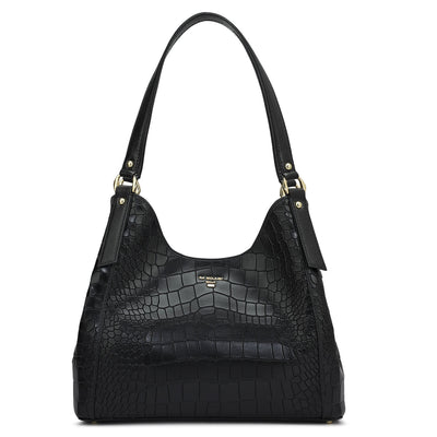 Medium Croco Leather Hobo - Black