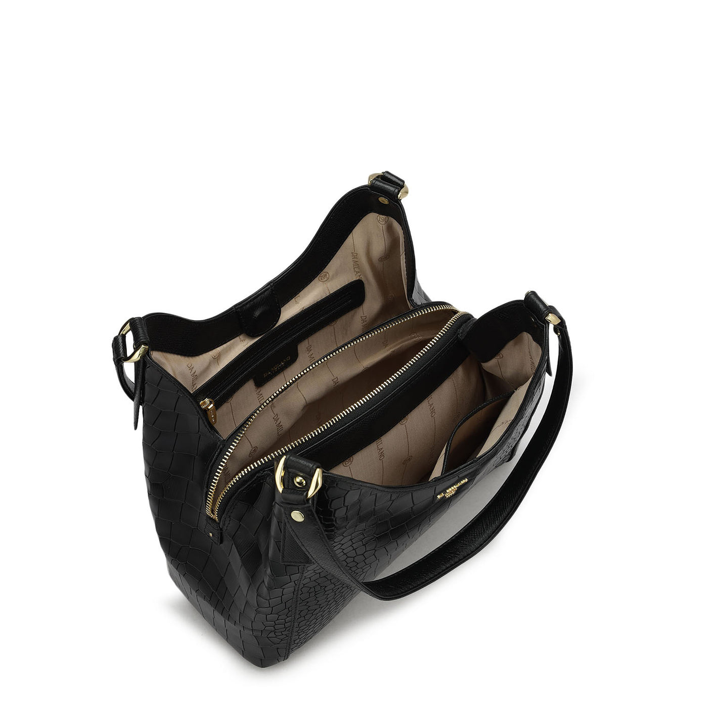 Medium Croco Leather Hobo - Black