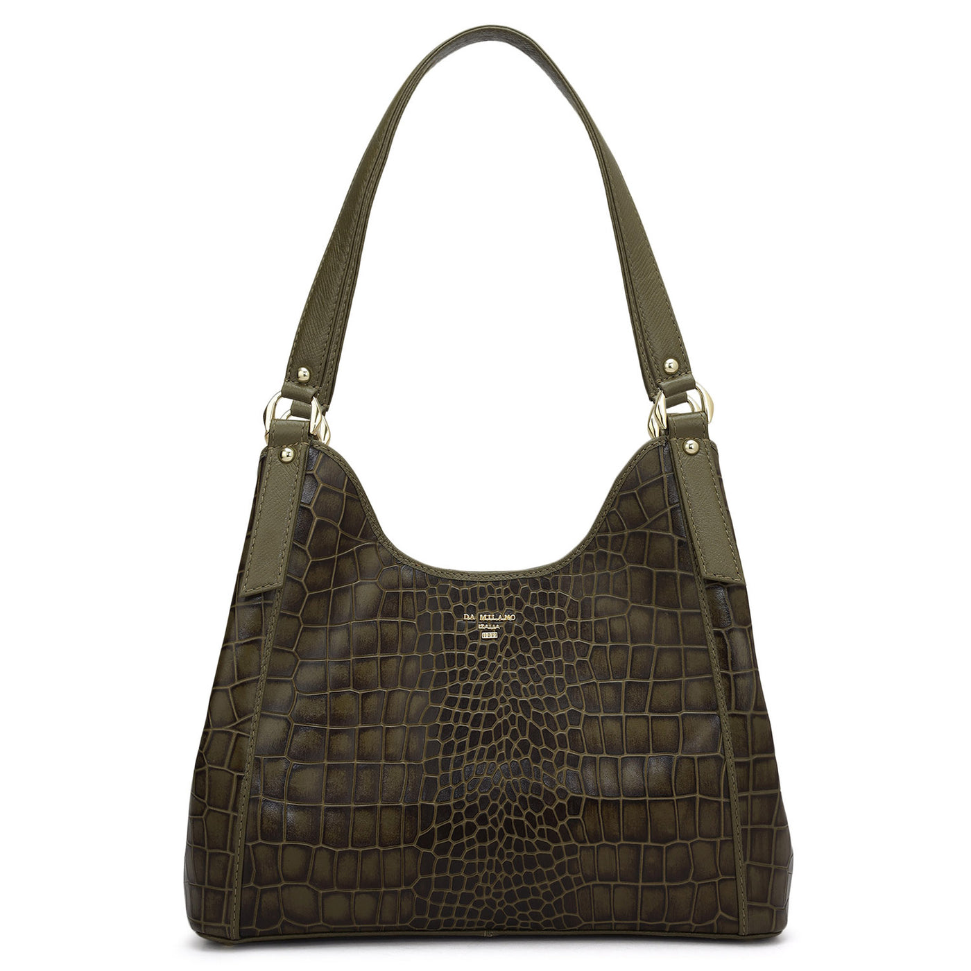 Medium Croco Leather Hobo - Military Green