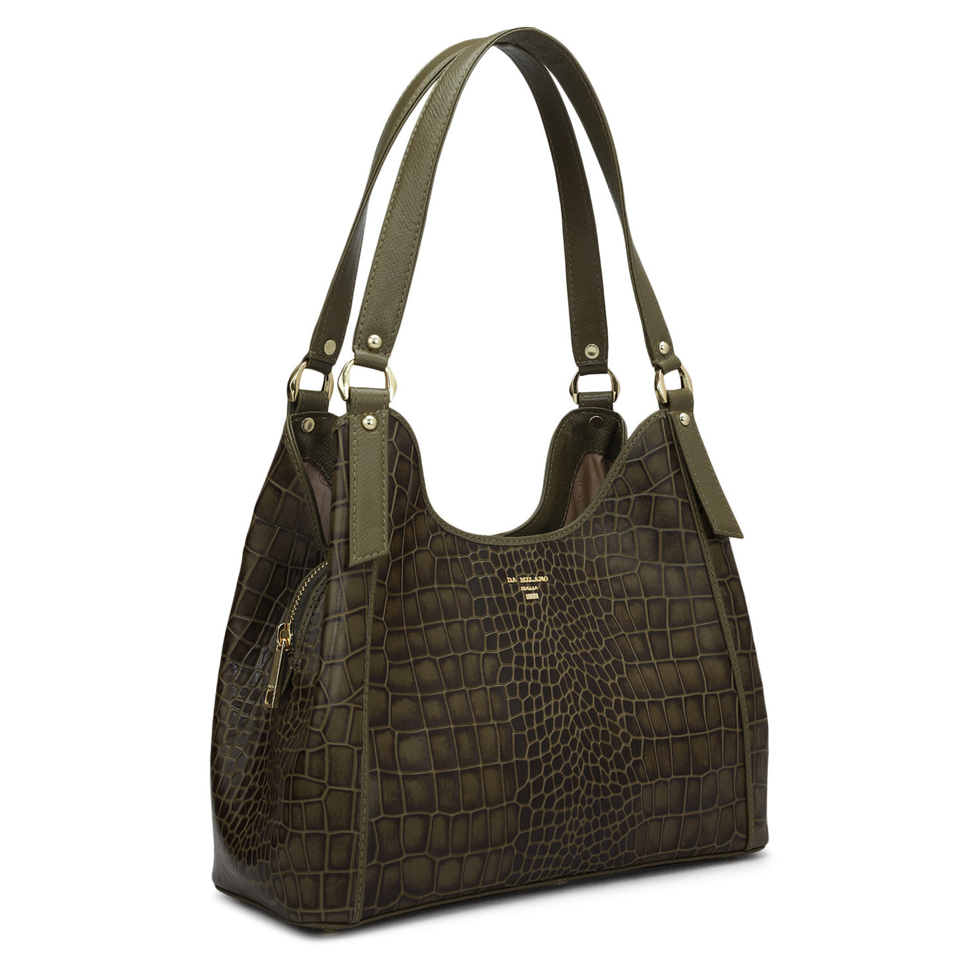 Medium Croco Leather Hobo - Military Green