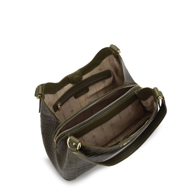 Medium Croco Leather Hobo - Military Green