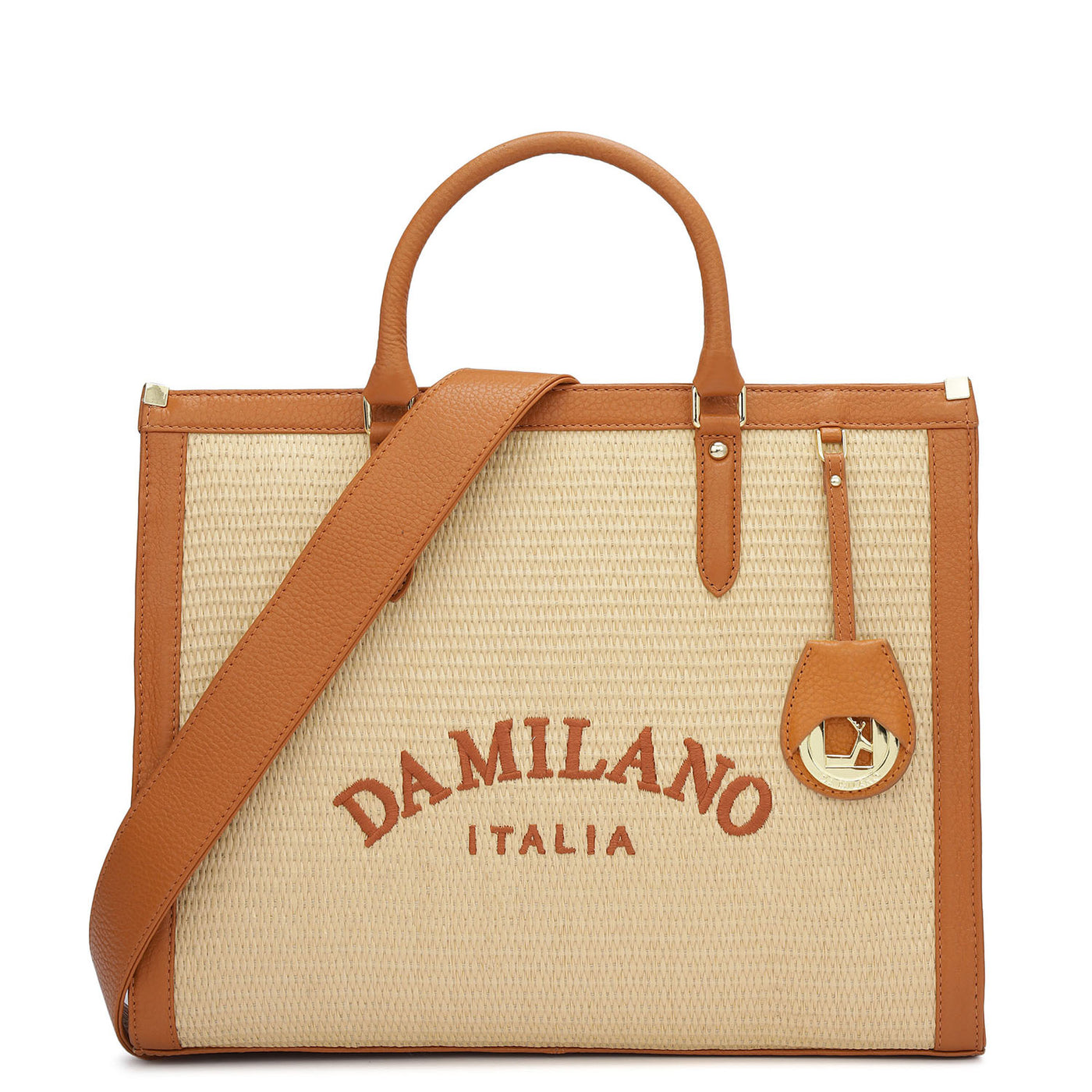 Medium Raffia Wax Leather Book Tote - Beige & Orange